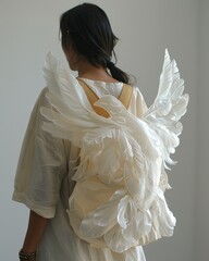 Poster - Woman with White Feathered Shoulder Bag Featuring Peace Dove Designs in Minimalist, Soft-Focused