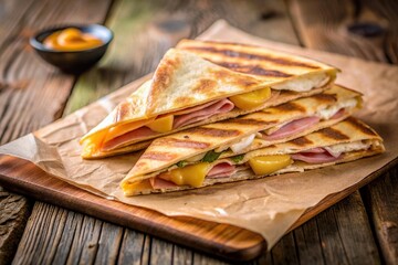 Quesadilla with melted cheese and savory ham on rustic craft paper and wooden table, Mexican cuisine, delicious, grilled, snack, food