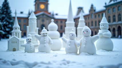 Wall Mural - Snowmen city with detailed buildings in winter