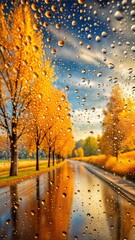 View through a rain-covered car windshield of a colorful autumn landscape and empty road