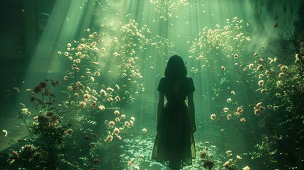 A woman in a black dress stands in a mystical green garden filled with flowers and light rays.