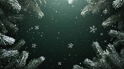 Wall Mural - dark green christmas background with fir trees, snowflakes and empty space. copy space for your text