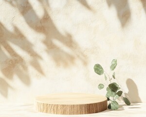 Aufkleber - Minimalist Bamboo Podium Mockup with Green Leaves and Soft Shadows on Beige Background – Natural and Calm Aesthetic Product Display