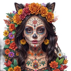 Poster - Día de los Muertos, Mexican holiday Day of the Dead and Halloween. Vector illustration of a woman with sugar skull makeup - Calavera Catrina, cat, flowers and mexican objects for poster or background