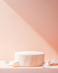 Poster - Minimalist Pastel Peach and Pink Podium Mockup with Textured Wood and Soft Petal Details in Serene Spotlight