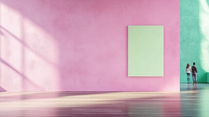 Poster - Minimalist Interior with Pastel Pink Concrete Wall and Blank Poster, Wooden Floor, and Motion Blur of People