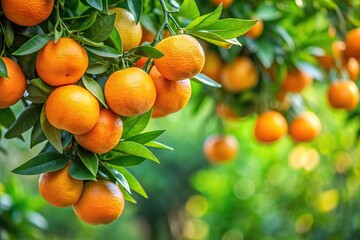 Ripe green and orange oranges hanging on tree branch, nature, agriculture, fruit, fresh, citrus