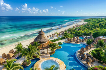 Wall Mural - A beach with a large pool and a small hut