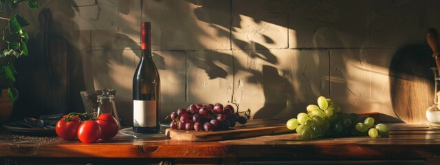 Wall Mural - Rustic Kitchen Scene with Wine Bottle, Grapes, and Tomatoes