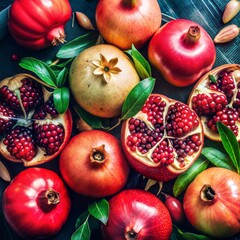 Colorful pomegranates arranged with green leaves on a rustic wooden background