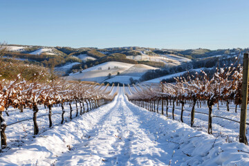 Wall Mural - A snowy vineyard with a path through it