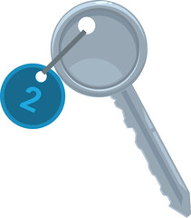 Poster - Silver hotel room key with blue number two tag hanging from it on white background