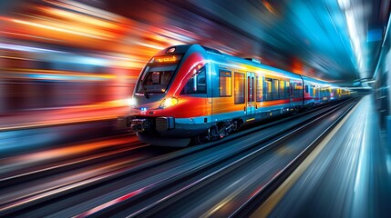 A train speeds through a tunnel, creating a blur of colorful lights.