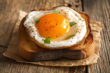 Close-up of a fried egg on toast with a sprinkle of pepper and fresh herbs.