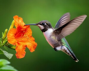 A tiny hummingbird hovering near a bright red flower, its wings a blur in the morning light hummingbird, wildlife, botanical beauty