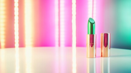 Poster - Vibrant Neon Makeup Display on White Table with Retro-Futuristic Bokeh Background Featuring Green Lipstick and Pink Neon Lights - Dynamic Modern Aesthetic