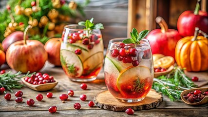 A festive Thanksgiving cocktail, beautifully arranged on a rustic wooden table