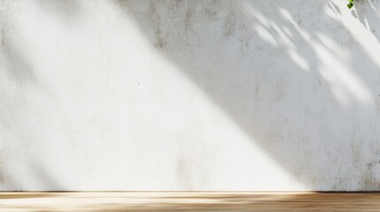 Poster - Minimalist Interior Soft White Concrete Wall with Wooden Floor in Natural Ambient Light, Modern and Tranquil Atmosphere