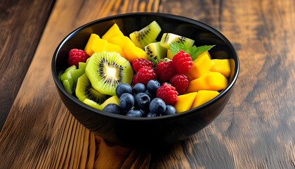 Wall Mural - Vibrant Fresh Fruit Salad with Kiwi, Mango, Raspberries, and Blueberries in Black Bowl on Rustic Wooden Background