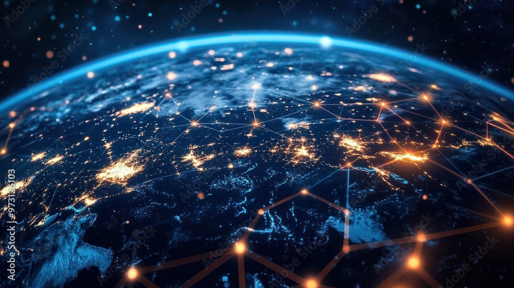 A rotating digital globe with data points and connections lighting up ...