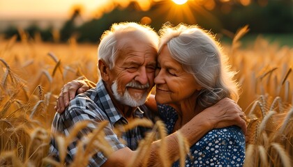 Wall Mural - Golden Hour Embrace: A Grandchilds Affection for a Grandfather in a Sunlit Wheat Field, Celebrating Family Bonds and the Beauty of Time Together