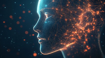 Aufkleber - Wireframe human head with glowing neural networks, showcasing intelligence in a futuristic minimal 3D style