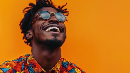 Artistic portrait of a stylish African-American man laughing on an orange background, vibrant colors. Generative AI