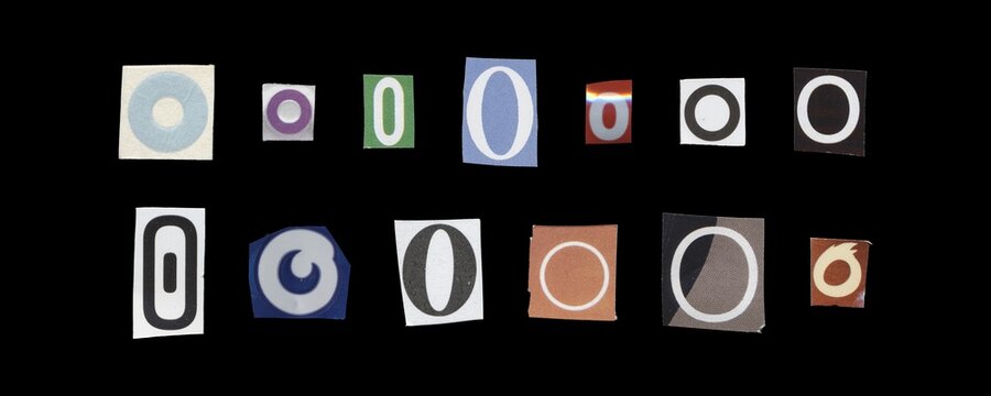 Set of cut-out letter “O” from magazines on a black background, retro y2k style