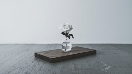 Poster - Elegant White Rose in Glass Vase on Wooden Base