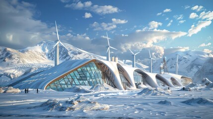 Wall Mural - Futuristic Research Station in Snowy Mountains