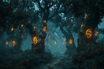 Wall Mural - Enchanted Forest Path with Glowing Runes on Trees