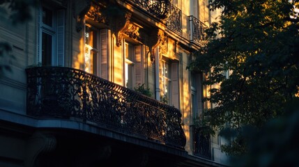 Wall Mural - A sunlit balcony with intricate ironwork, surrounded by greenery.