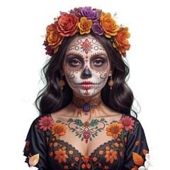 Wall Mural - Día de los Muertos, Mexican holiday Day of the Dead and Halloween. Vector illustration of a woman with sugar skull makeup - Calavera Catrina, cat, flowers and mexican objects for poster or background