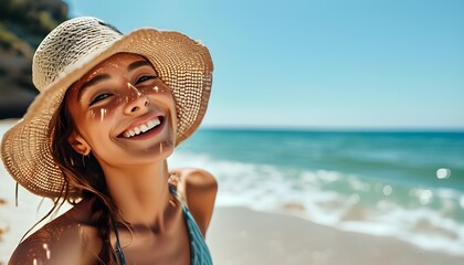 Wall Mural - Joyful summer beach vibes with a smiling woman in a hat enjoying the ocean and sunshine, embodying relaxation and happiness in the great outdoors