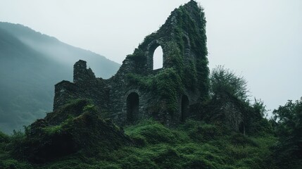 Sticker - A moss-covered ruin stands amidst foggy mountains, evoking a sense of mystery and history.