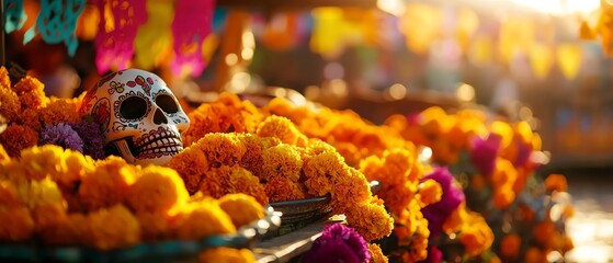 Vibrant altar for Dia de los Muertos featuring colorful flowers and a decorative skull, celebrating life and remembrance.