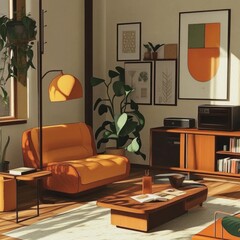 Canvas Print - A cozy living room featuring orange furniture, plants, and framed artwork.