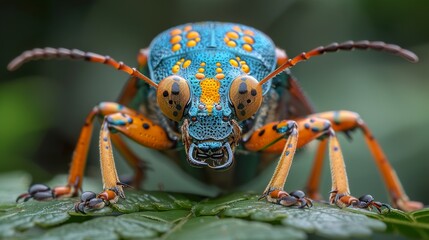 A vibrant, blue, orange, and yellow beetle with large, black eyes, perched on a green leaf, looking directly at the camera.