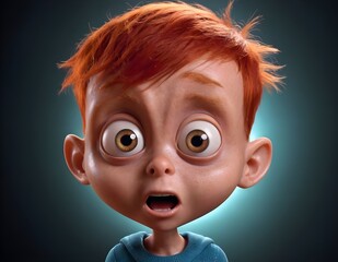 Wall Mural - A surprised young boy with red hair and wide eyes expressing shock, fear. disbelief