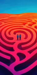 Two figures stand in a vibrant, swirling maze, symbolizing exploration, choices, and the journey through life's complexities.