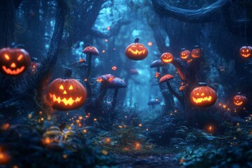 Wall Mural - A Mystical Halloween Forest with Glowing Jack-O'-Lanterns and Mushrooms