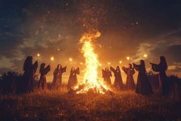 Women in Black Robes Performing a Ritual Around a Bonfire