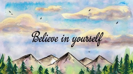 Wall Mural - Watercolor Landscape with Mountains and 'Believe in yourself' Quote