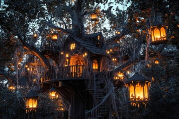 Wall Mural - Enchanting Treehouse Illuminated by Glowing Lanterns