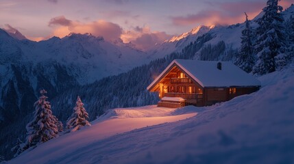 Canvas Print - A cozy cabin in a snowy landscape at dusk, illuminated by warm light.