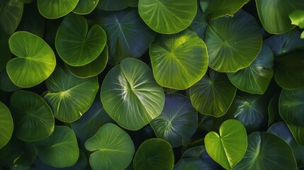 Poster - Aerial View of Green Leaf Plates in Symmetrical Geometric Pattern with Soft Warm Lighting and Earthy Tones