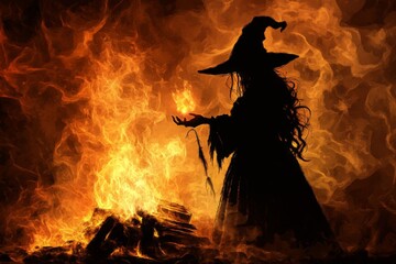 Wall Mural - Silhouette of a Witch Holding a Flame Against a Fire Background