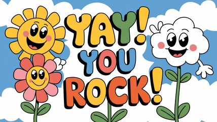 Colorful Cartoon Flowers and Sun with Inspiring Message: 'YAY! YOU ROCK!'