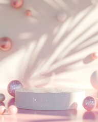 Aufkleber - Mockup of a pastel-themed scene with soft shadows and sparkles, featuring a white circular platform surrounded by glittering spheres. The delicate pink and beige color palette