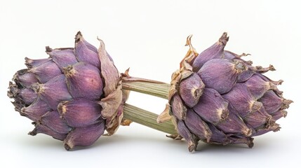 Two purple artichokes arranged symmetrically on a light background.